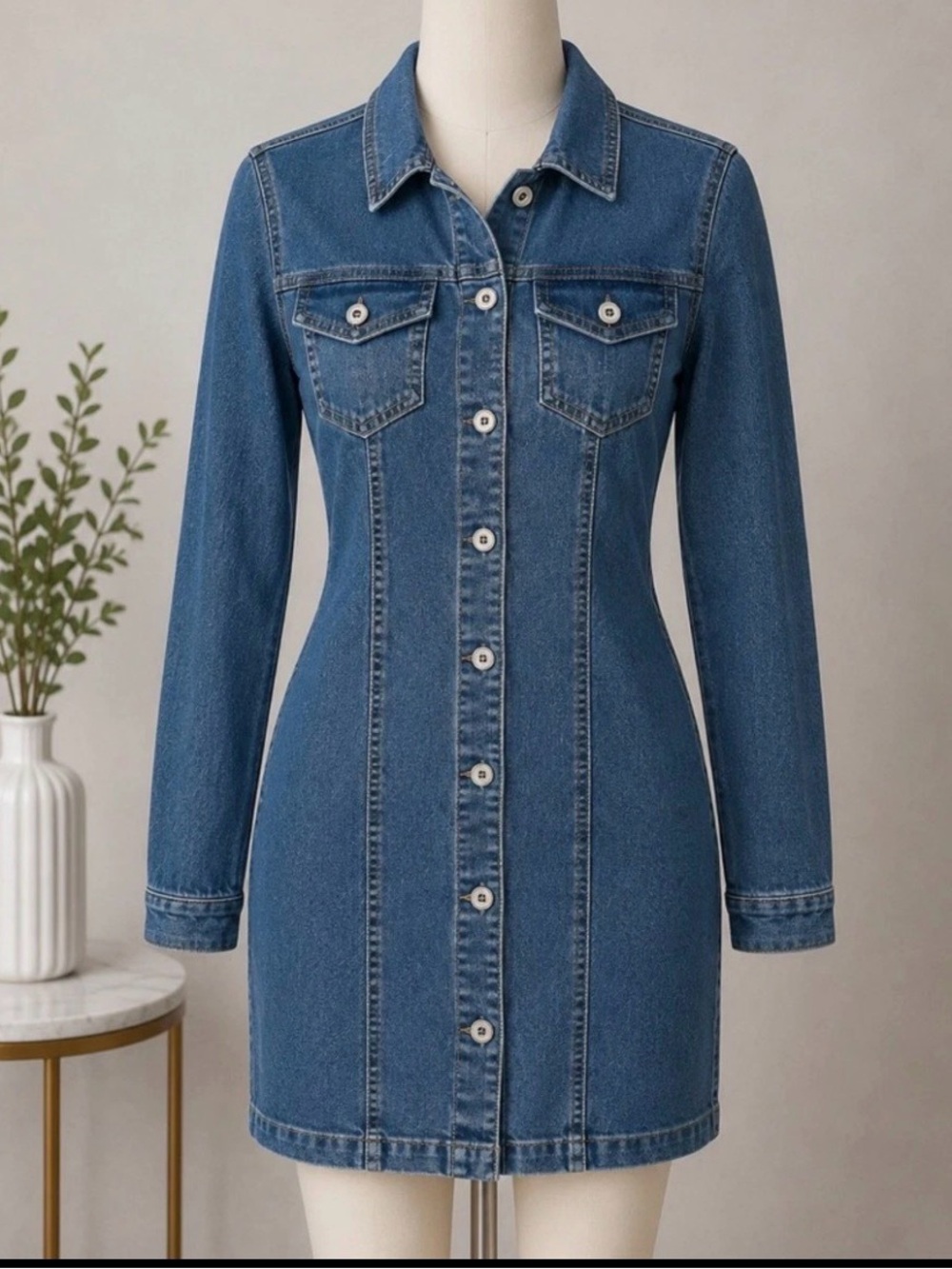 RE Generation Celebrity Pink Denim Dress Womens XS Blue Button Front Long Sleeve